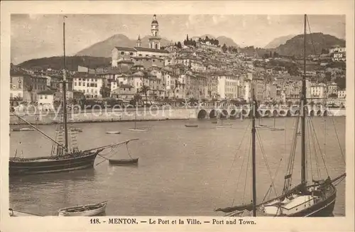 Menton Alpes Maritimes Le Port et la Ville Bateau Kat. Menton