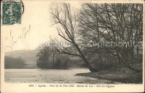 Lyon France Parc de la Tete d Or Bords du Lac Iles des Cygnes Stempel auf AK Kat. Lyon