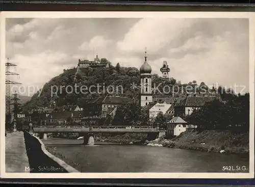 Graz Steiermark Partie an der Mur Bruecke Schlossberg Uhrturm Kat. Graz