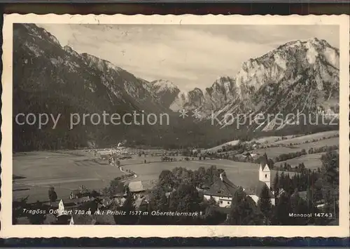 Tragoess Ortsansicht mit Kirche Blick zum Pribitz Hochschwab Gruppe Kat. Tragoess