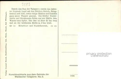 Waldeck Edersee Gebiet der Waldecker Talsperre Edertalsperre aus der Vogelperspektive Kunstdruckkarte No. 2 Kat. Edertal