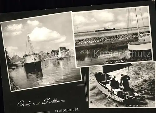 Kollmar Hafen Elbe mit Dampfer Fischerboot Kat. Kollmar