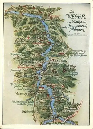 Vlotho Die Weser Gebietskarte von Vlotho bis Hann Muenden Kat. Vlotho