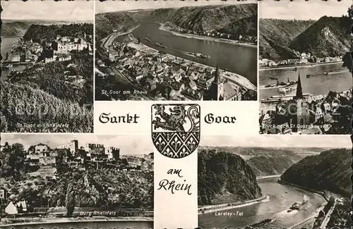 St Goar Panorama Burg Rheinfels St. Goarshausen Loreley Tal Wappen Binnenschifffahrt Kat. Sankt Goar