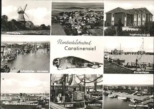 Carolinensiel Ostfriesland Windmuehle Hafen Harlesiel Seewasserschwimmbecken Jugendherberge Fischersiedlung Fischkutter Seeloewe Kat. Wittmund