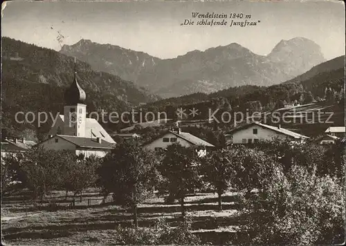 Bad Feilnbach Ortsansicht mit Kirche und Wendelstein "Die schlafende Jungfrau" Mangfallgebirge Kat. Bad Feilnbach