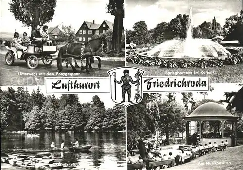 Friedrichroda Ponygespann Springbrunnen Kurpark Gondelteich Musikpavillon Luftkurort Kat. Friedrichroda