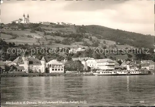 Marbach Donau Teilansicht mit Wallfahrtsort Maria Taferl Wallfahrtskirche Dampfer Kat. Marbach an der Donau