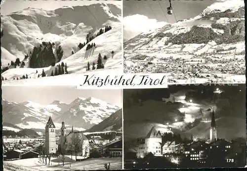 Kitzbuehel Tirol Ortsansicht mit Kirche Wintersportplatz Kabinenbahn Skipiste Flutlicht Kat. Kitzbuehel