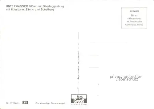 Unterwasser Toggenburg mit Iltiosbahn Saentis Schafberg Kat. Unterwasser