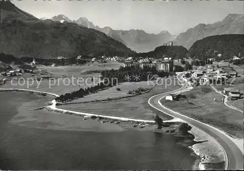 Maloja GR Panorama Blick gegen Bergeller Alpen See / Maloja Graubuenden /Bz. Maloja