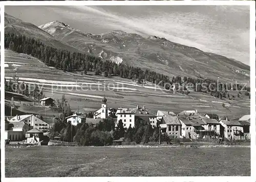 Madulain Ortsansicht mit Kirche Engadin Kat. Madulain