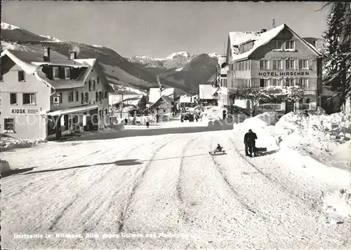 Wildhaus SG Dorfpartie Hotel Hirschen Blick gegen Gulmen und Mattstock Kat. Wildhaus