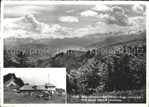 Kreuzegg St Peterzell Berggasthaus Kreuzegg Blick gegen Saentis und Churfirsten Appenzeller Alpen Kat. St Peterzell