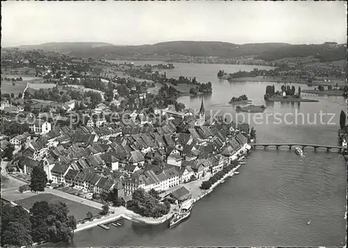 Stein Rhein mit Insel Werd und Untersee Rheinbruecke Fliegeraufnahme Kat. Stein Rhein