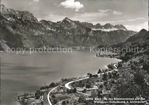 Filzbach Blick von der Kerenzerstrasse auf Walensee Sichelkamm und Alvierkette Kat. Filzbach