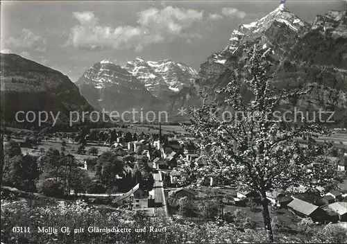 Mollis Gesamtansicht mit Glaernischkette und Rauti Alpenpanorama Baumbluete Kat. Mollis