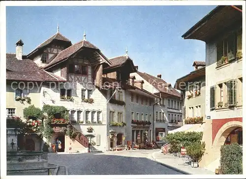 Murten Morat Ortspartie Brunnen Schweizer Wandkalender 1955 Kat. Murten