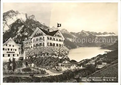 Obstalden Hotel Hirschen Walensee Alpenpanorama Schweizer Flagge Kat. Obstalden