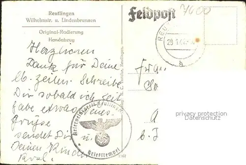 Reutlingen Wilhelmstr. u. Lindenbrunnen Original-Radierung Handabzug / Reutlingen /Reutlingen LKR
