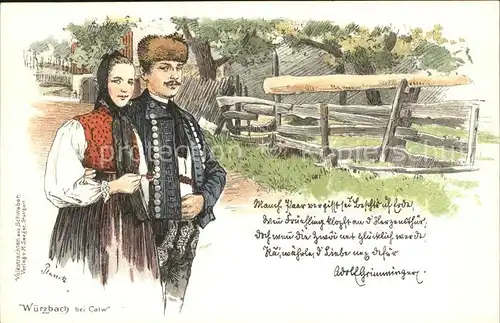 Wuerzbach Mann und Frau in Tracht Kuenstlerkarte / Oberreichenbach /Calw LKR