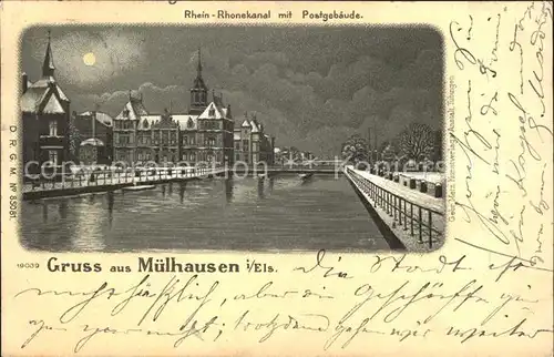 Muelhausen Elsass Rhein Rhonekanal mit Postgebaeude im Mondschein / Mulhouse /Arrond. de Mulhouse