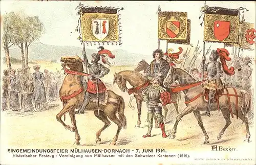 Dornach Elsass Historischer Festzug Eingemeindungsfeier 1914 Geschichte Kuenstlerkarte / Mulhouse /Arrond. de Mulhouse