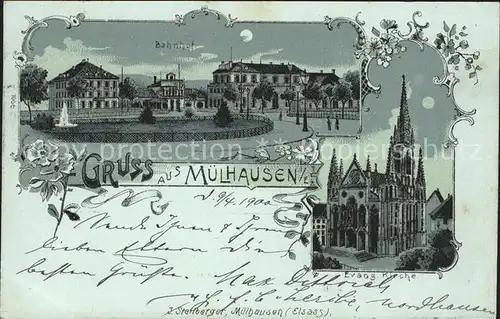 Muelhausen Elsass Bahnhof Evangelische Kirche im Mondschein / Mulhouse /Arrond. de Mulhouse