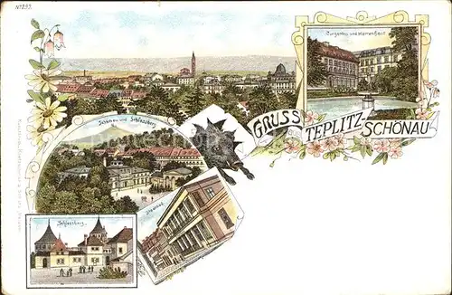 Teplitz-Schoenau Sudetenland Bad Litho Schlossberg Kurgarten Herrenhaus Stadtbad / Teplice /