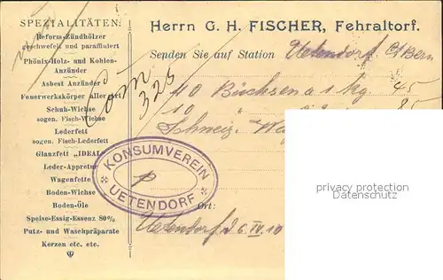 Fehraltorf Herr G. H. Fischer Chemische Zuend- und Fettwaren-Fabrik / Fehraltorf /Bz. Pfaeffikon