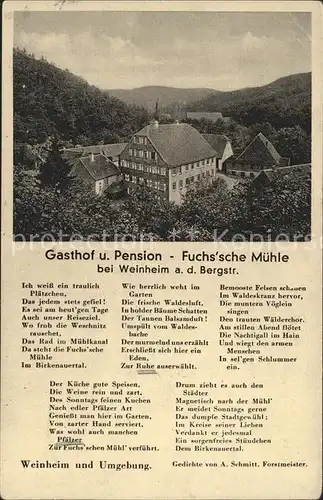 Weinheim Bergstrasse Gasthof Pension Fuchs sche Muehle Gedichte  Kat. Weinheim