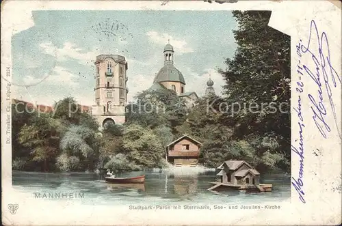 Mannheim Stadtpark Partie mit Sternwarte See Jesuiten Kirche Kat. Mannheim