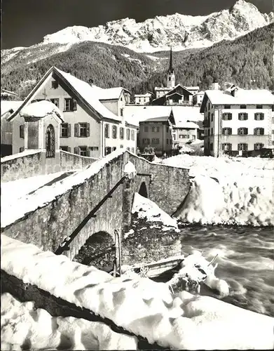 Savognin am Julierpass Dorfpartie Bruecke Kirche Piz Mitgel Albula Alpen Kat. Savognin