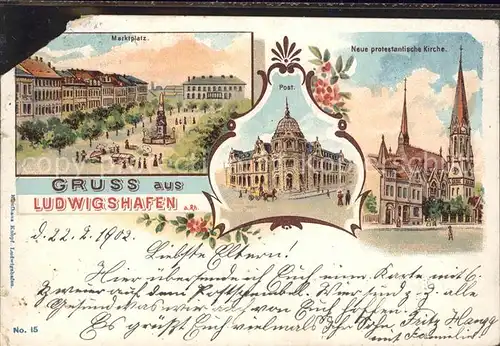 Ludwigshafen Rhein Marktplatz Neue protestantische Kirche Post Litho Kat. Ludwigshafen am Rhein