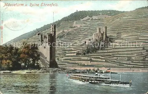 Bingen Rhein Maeuseturm Ruine Ehrenfels Dampfer Kat. Bingen am Rhein