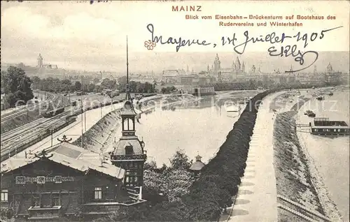 Mainz Rhein Blick vom Eisenbahn Brueckenturm Bootshaus Ruderverein Winterhafen / Mainz Rhein /Mainz Stadtkreis