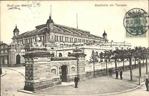 Mainz Rhein Stadthalle mit Terrasse Stempel auf AK / Mainz Rhein /Mainz Stadtkreis