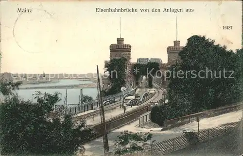 Mainz Rhein Eisenbahnbruecke von den Anlagen aus / Mainz Rhein /Mainz Stadtkreis