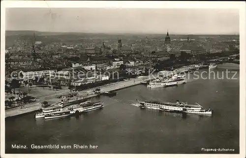 Mainz Rhein Gesamtbild vom Rhein her Dampfer Fliegeraufnahme / Mainz Rhein /Mainz Stadtkreis