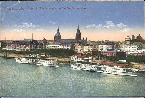 Mainz Rhein Rheinansicht mit Stadthalle und Dom Dampfer / Mainz Rhein /Mainz Stadtkreis