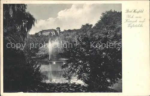 Bad Hersfeld Blick vom Kurpark auf Wigbertshoehe Fontaene Schwanenteich Kupfertiefdruck Kat. Bad Hersfeld