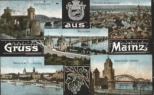 Mainz Rhein Eisenbahnbruecke Blick vom Stephansturm Kaiserbruecke Strassenbruecke Rheinansicht Stadthalle Dom Wappen Krone / Mainz Rhein /Mainz Stadtkreis