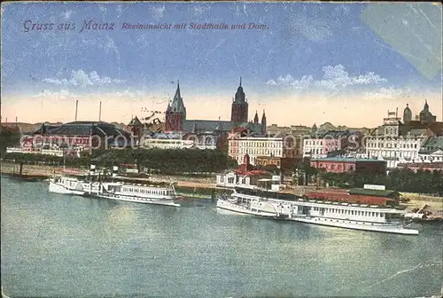 Mainz Rhein Rheinansicht mit Stadthalle und Dom Dampfer / Mainz Rhein /Mainz Stadtkreis