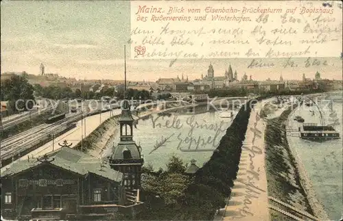 Mainz Rhein Blick vom Eisenbahn Brueckenturm auf Bootshaus Ruderverein Winterhafen / Mainz Rhein /Mainz Stadtkreis