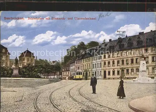 Saarbruecken Schlossplatz Bismarckdenkmal Ulanendenkmal Strassenbahn Kat. Saarbruecken