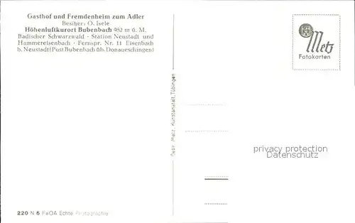 Bubenbach Gasthaus Pension zum Adler Kat. Eisenbach (Hochschwarzwald)