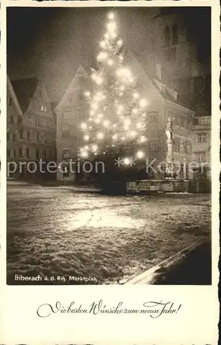 Biberach Riss Marktplatz Brunne Weihnachtskarte Tannenbaum beleuchtet Kat. Biberach an der Riss