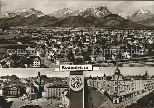Rosenheim Bayern Gesamtansicht mit Alpenpanorama Platz Strassenpartie Bromsilber Kat. Rosenheim