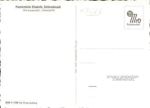 Schoenmuenzach Fremdenheim Elisabeth Kneipp und Luftkurort Murgtal Schwarzwald Originalabzug Kat. Baiersbronn