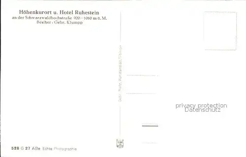 Ruhestein Hotel Kurhaus Ehrenmal auf Seekopf Kat. Baiersbronn
